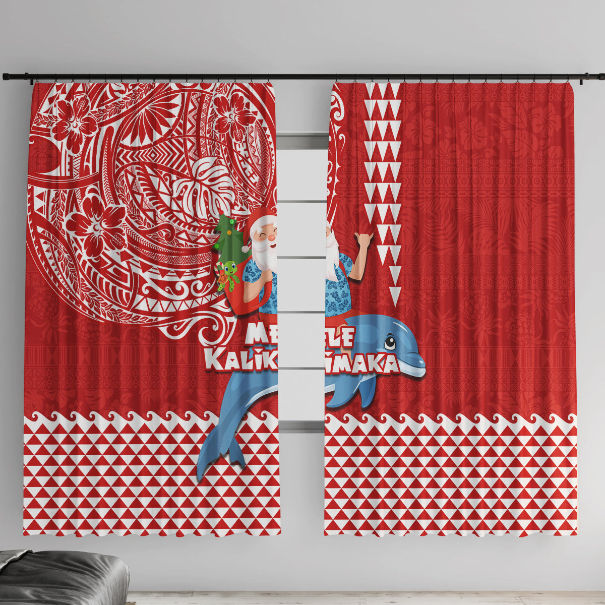 Hawaii Mele Kalikimaka Window Curtain Santa Riding The DolPhin Mix Kakau Pattern Red Style LT03 With Hooks Red - Polynesian Pride