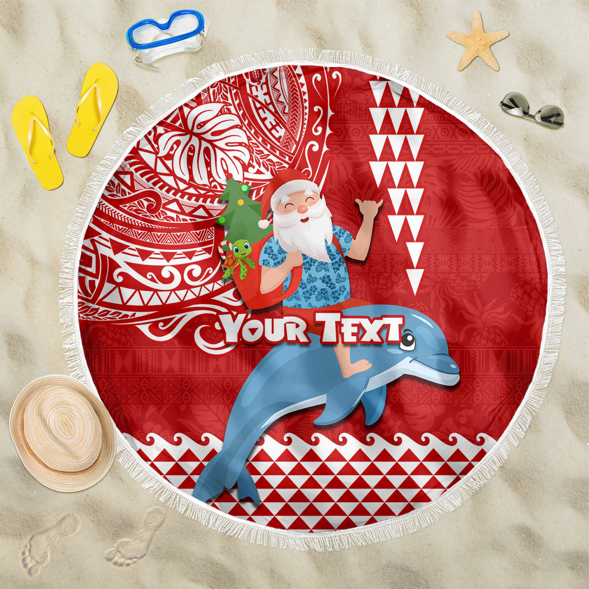 Custom Hawaii Mele Kalikimaka Beach Blanket Santa Riding The DolPhin Mix Kakau Pattern Red Style LT03 One Size 150cm Red - Polynesian Pride