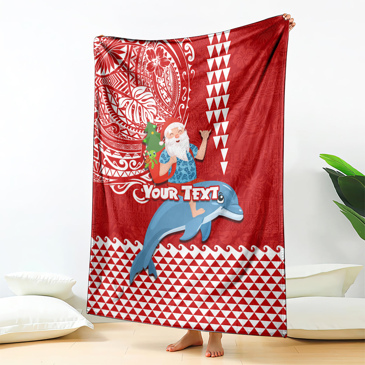 Custom Hawaii Mele Kalikimaka Blanket Santa Riding The DolPhin Mix Kakau Pattern Red Style LT03 Red - Polynesian Pride