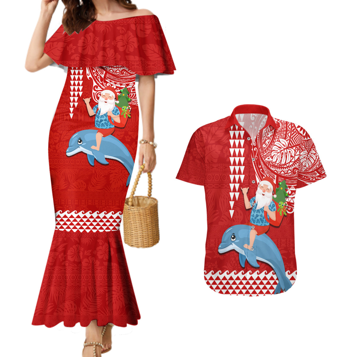 Custom Hawaii Mele Kalikimaka Couples Matching Mermaid Dress and Hawaiian Shirt Santa Riding The DolPhin Mix Kakau Pattern Red Style LT03 Red - Polynesian Pride