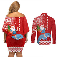 Custom Hawaii Mele Kalikimaka Couples Matching Off Shoulder Short Dress and Long Sleeve Button Shirt Santa Riding The DolPhin Mix Kakau Pattern Red Style LT03 - Polynesian Pride