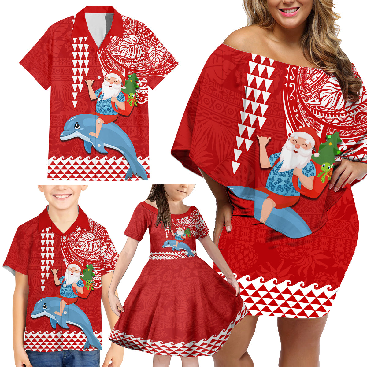 Custom Hawaii Mele Kalikimaka Family Matching Off Shoulder Short Dress and Hawaiian Shirt Santa Riding The DolPhin Mix Kakau Pattern Red Style LT03 - Polynesian Pride