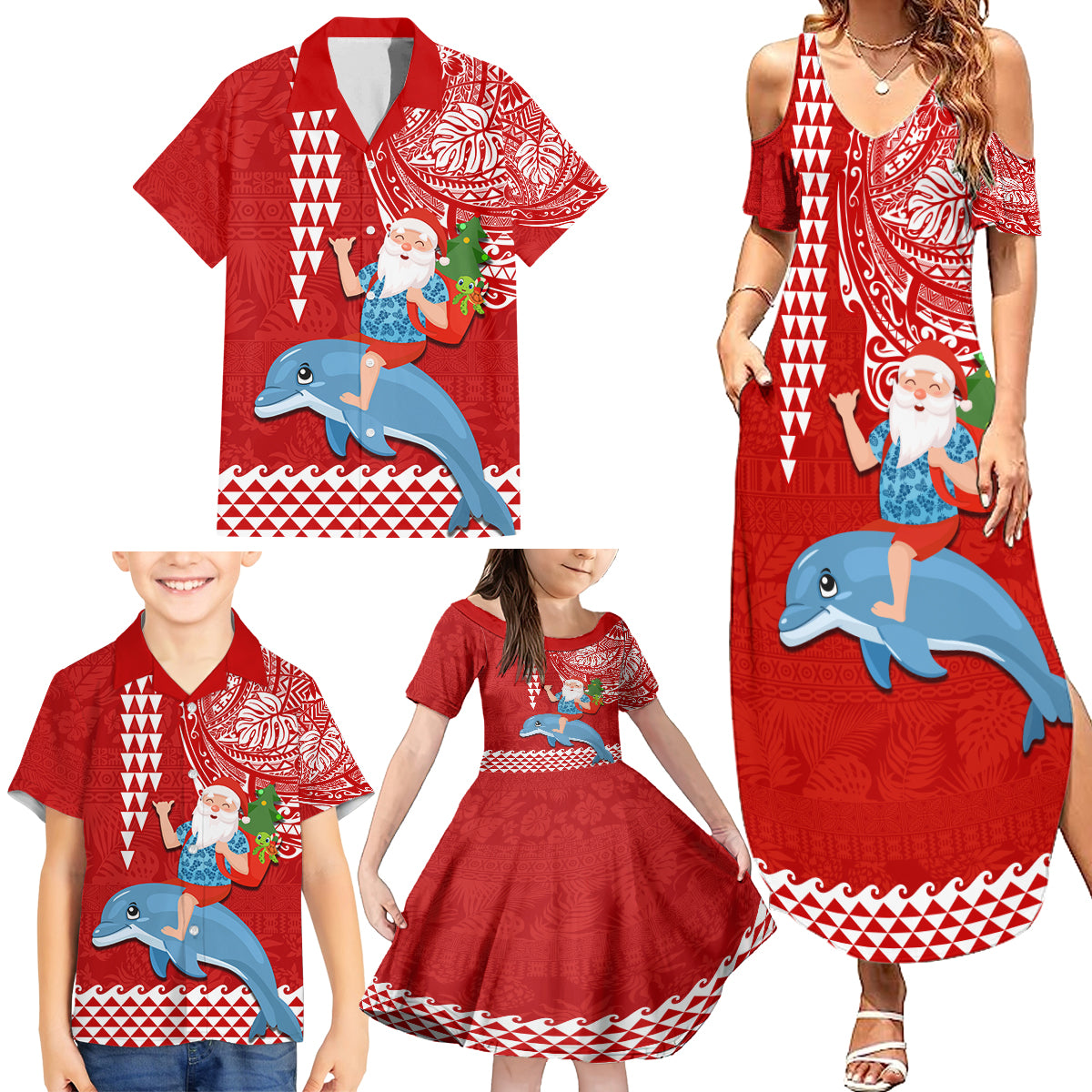 Custom Hawaii Mele Kalikimaka Family Matching Summer Maxi Dress and Hawaiian Shirt Santa Riding The DolPhin Mix Kakau Pattern Red Style LT03 - Polynesian Pride