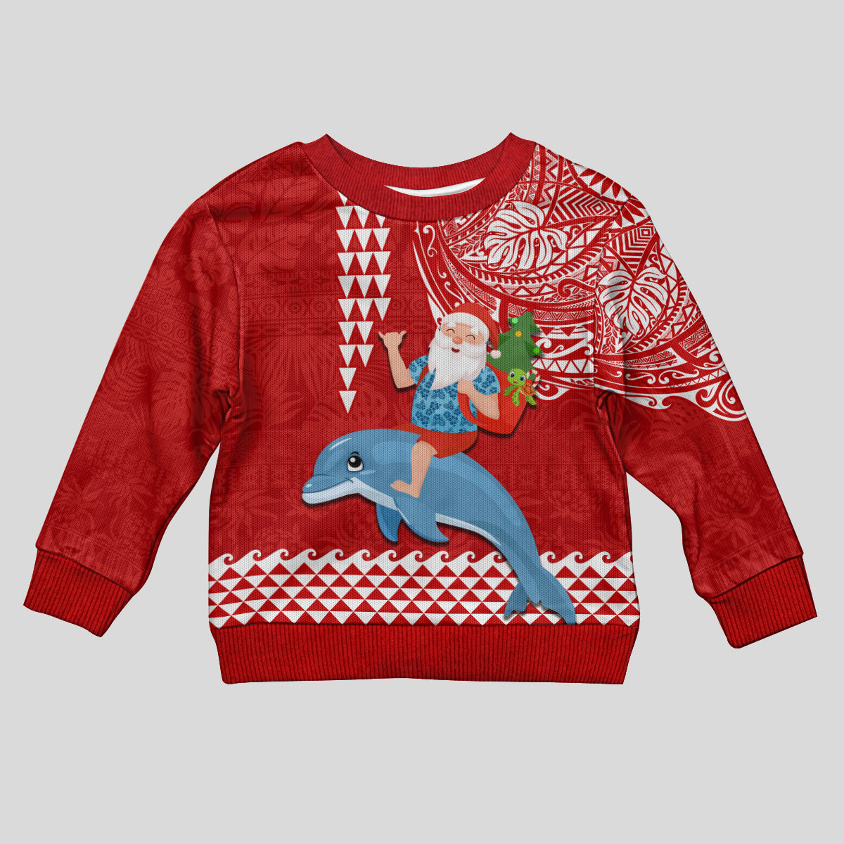 Custom Hawaii Mele Kalikimaka Kid Ugly Christmas Sweater Santa Riding The DolPhin Mix Kakau Pattern Red Style LT03 Kid Red - Polynesian Pride