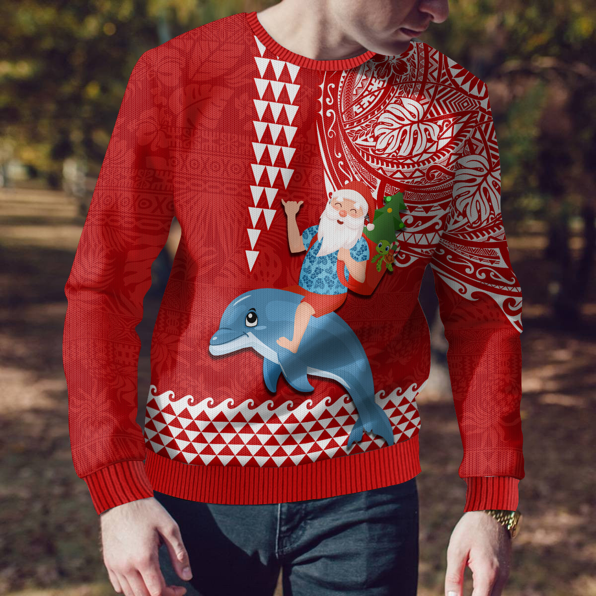 Custom Hawaii Mele Kalikimaka Ugly Christmas Sweater Santa Riding The DolPhin Mix Kakau Pattern Red Style LT03 - Polynesian Pride