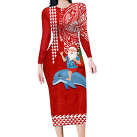 Custom Hawaii Mele Kalikimaka Long Sleeve Bodycon Dress Santa Riding The DolPhin Mix Kakau Pattern Red Style LT03 Long Dress Red - Polynesian Pride