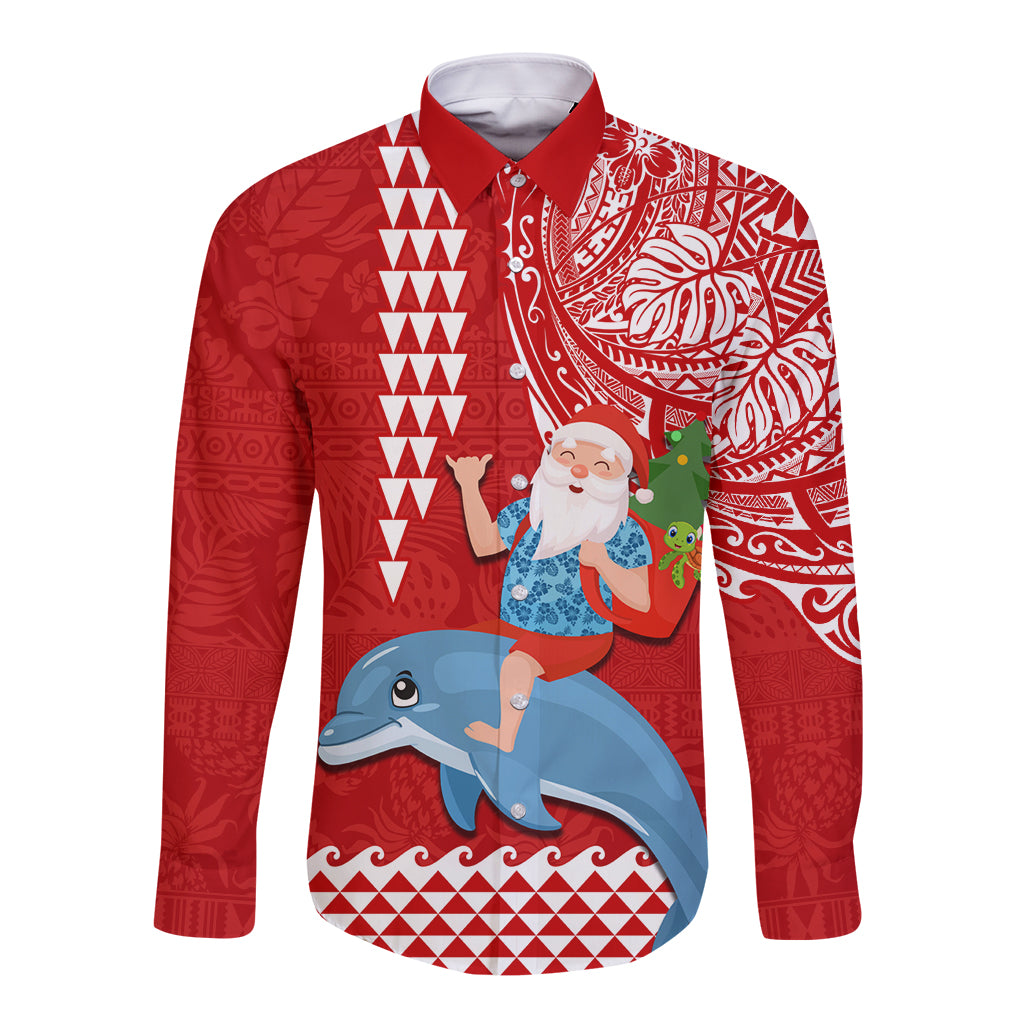 Custom Hawaii Mele Kalikimaka Long Sleeve Button Shirt Santa Riding The DolPhin Mix Kakau Pattern Red Style LT03 Unisex Red - Polynesian Pride