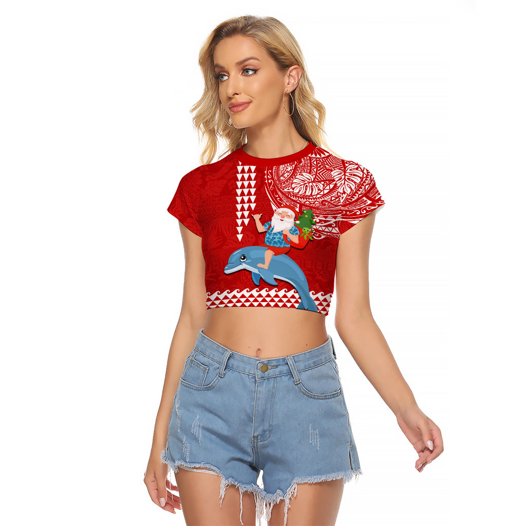 Custom Hawaii Mele Kalikimaka Raglan Cropped T Shirt Santa Riding The DolPhin Mix Kakau Pattern Red Style LT03 Female Red - Polynesian Pride