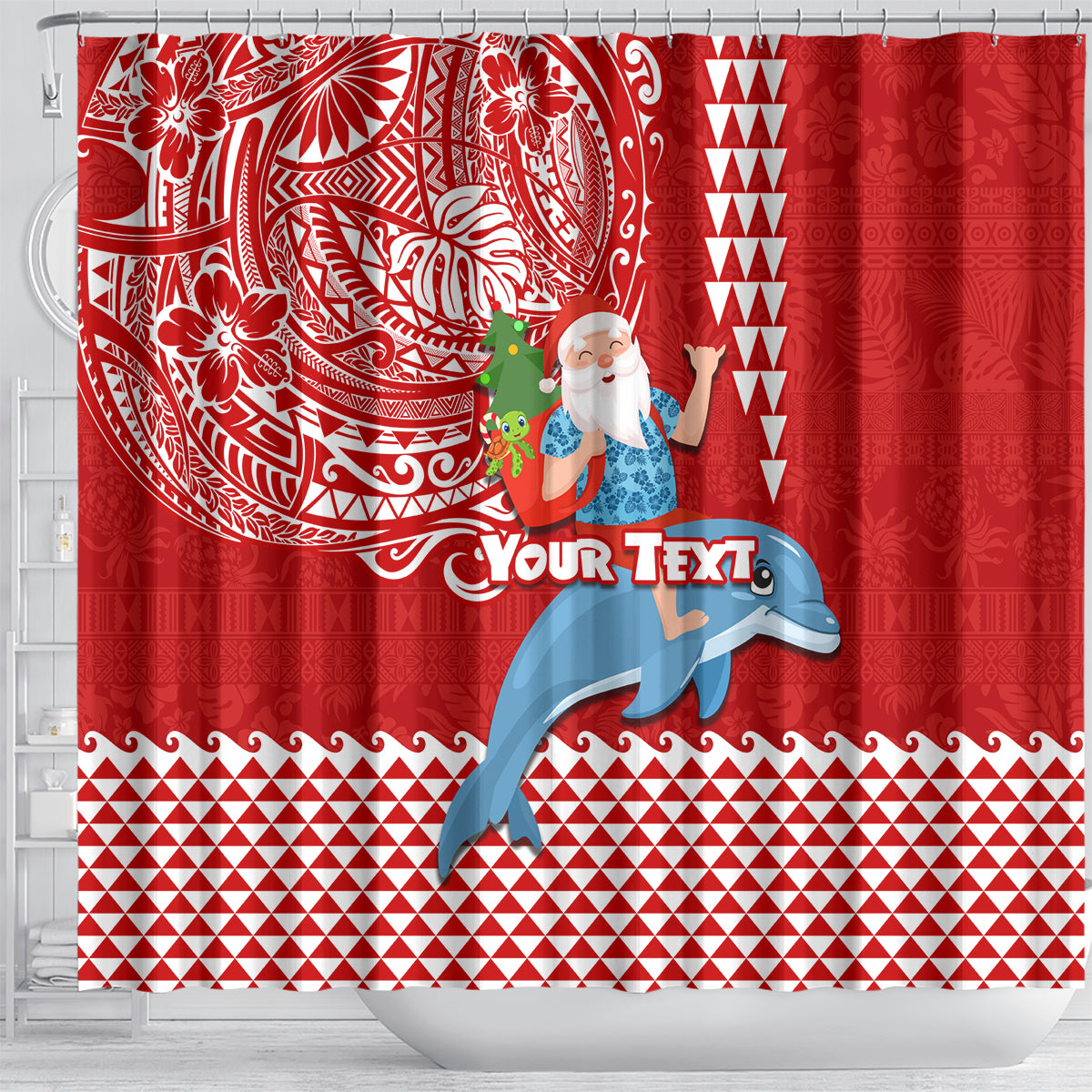 Custom Hawaii Mele Kalikimaka Shower Curtain Santa Riding The DolPhin Mix Kakau Pattern Red Style LT03 - Polynesian Pride