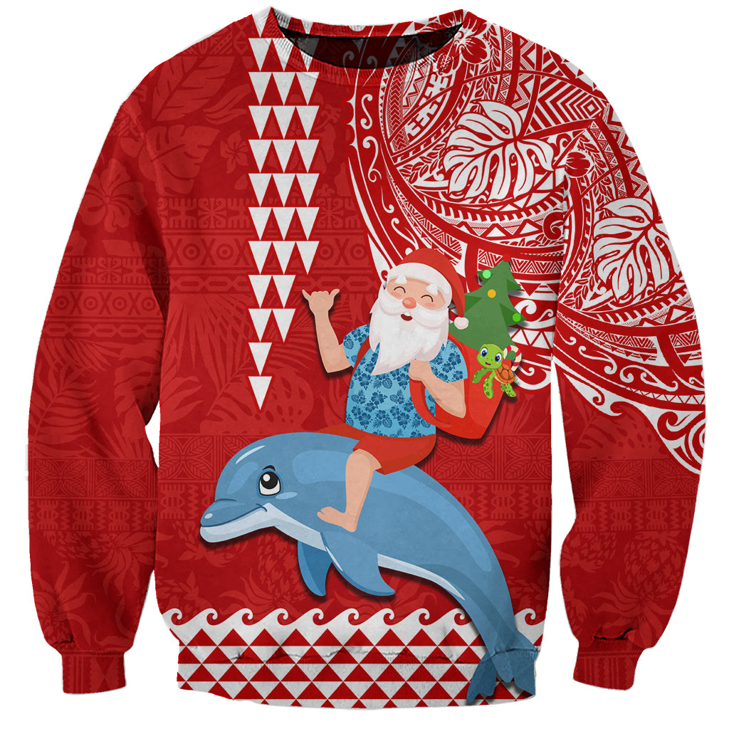 Custom Hawaii Mele Kalikimaka Sweatshirt Santa Riding The DolPhin Mix Kakau Pattern Red Style LT03 Unisex Red - Polynesian Pride