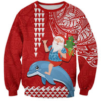 Custom Hawaii Mele Kalikimaka Sweatshirt Santa Riding The DolPhin Mix Kakau Pattern Red Style LT03