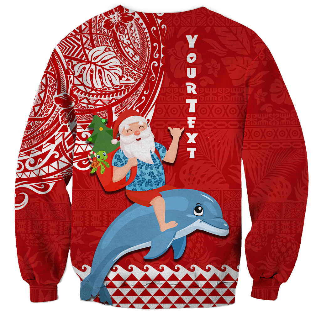 Custom Hawaii Mele Kalikimaka Sweatshirt Santa Riding The DolPhin Mix Kakau Pattern Red Style LT03 - Polynesian Pride