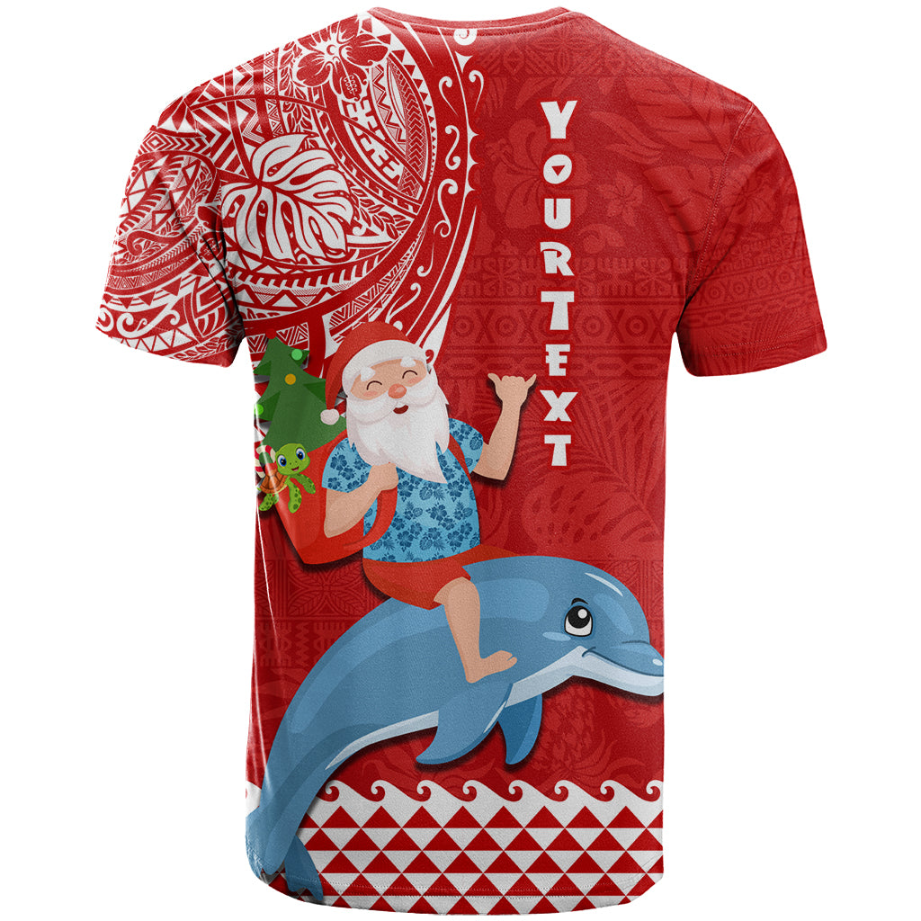 Custom Hawaii Mele Kalikimaka T Shirt Santa Riding The DolPhin Mix Kakau Pattern Red Style LT03 - Polynesian Pride