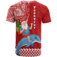 Custom Hawaii Mele Kalikimaka T Shirt Santa Riding The DolPhin Mix Kakau Pattern Red Style LT03 - Polynesian Pride