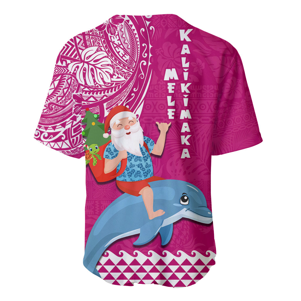 Hawaii Mele Kalikimaka Baseball Jersey Santa Riding The DolPhin Mix Kakau Pattern Pink Style LT03 - Polynesian Pride