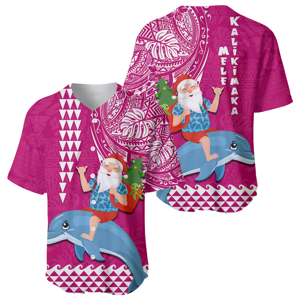 Hawaii Mele Kalikimaka Baseball Jersey Santa Riding The DolPhin Mix Kakau Pattern Pink Style LT03 - Polynesian Pride