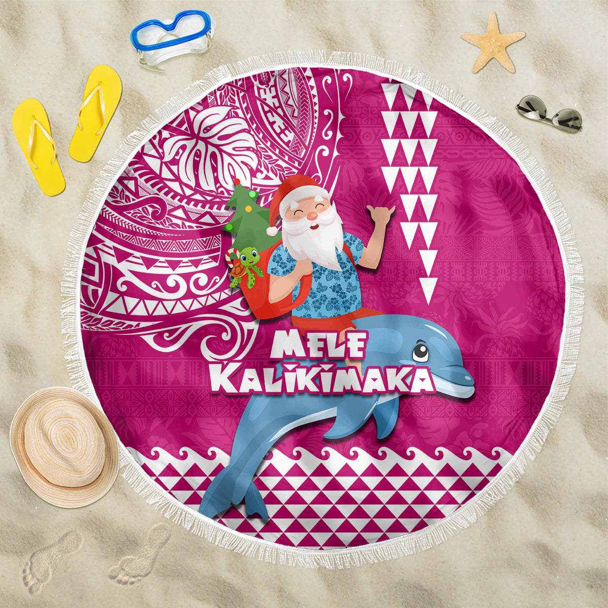 Hawaii Mele Kalikimaka Beach Blanket Santa Riding The DolPhin Mix Kakau Pattern Pink Style LT03 One Size 150cm Pink - Polynesian Pride