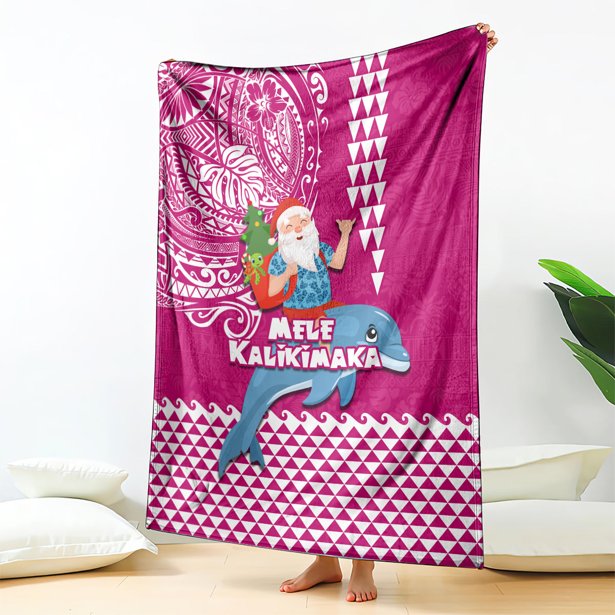 Hawaii Mele Kalikimaka Blanket Santa Riding The DolPhin Mix Kakau Pattern Pink Style LT03 Pink - Polynesian Pride