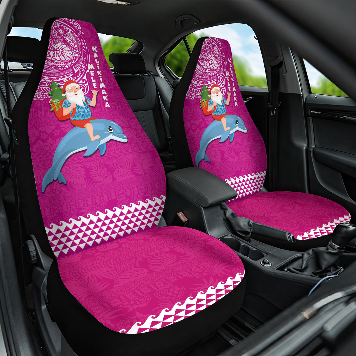 Hawaii Mele Kalikimaka Car Seat Cover Santa Riding The DolPhin Mix Kakau Pattern Pink Style LT03 One Size Pink - Polynesian Pride
