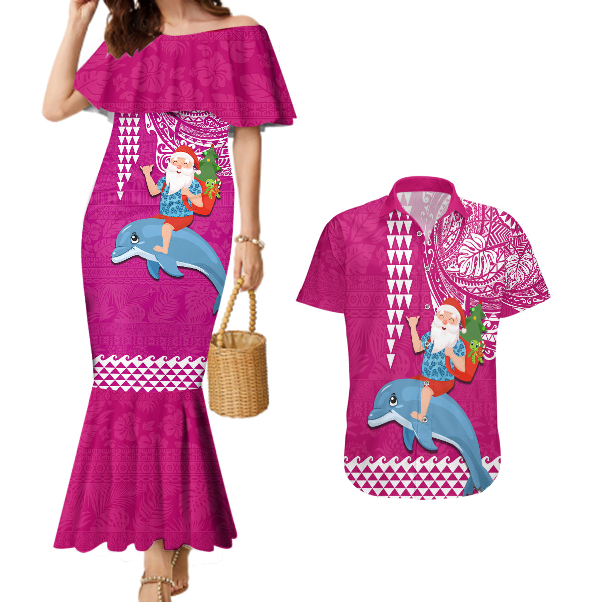 Hawaii Mele Kalikimaka Couples Matching Mermaid Dress and Hawaiian Shirt Santa Riding The DolPhin Mix Kakau Pattern Pink Style LT03 Pink - Polynesian Pride