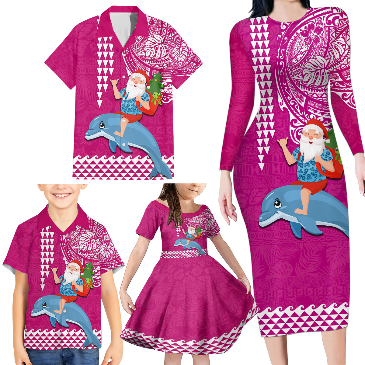 Hawaii Mele Kalikimaka Family Matching Long Sleeve Bodycon Dress and Hawaiian Shirt Santa Riding The DolPhin Mix Kakau Pattern Pink Style LT03 - Polynesian Pride