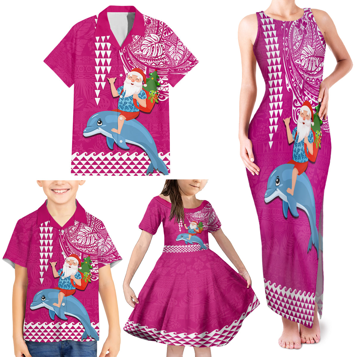 Hawaii Mele Kalikimaka Family Matching Tank Maxi Dress and Hawaiian Shirt Santa Riding The DolPhin Mix Kakau Pattern Pink Style LT03 - Polynesian Pride