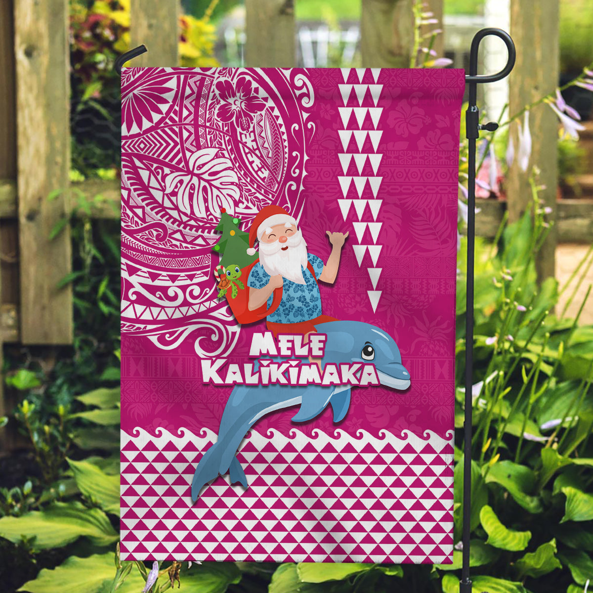 Hawaii Mele Kalikimaka Garden Flag Santa Riding The DolPhin Mix Kakau Pattern Pink Style LT03 Garden Flag Pink - Polynesian Pride