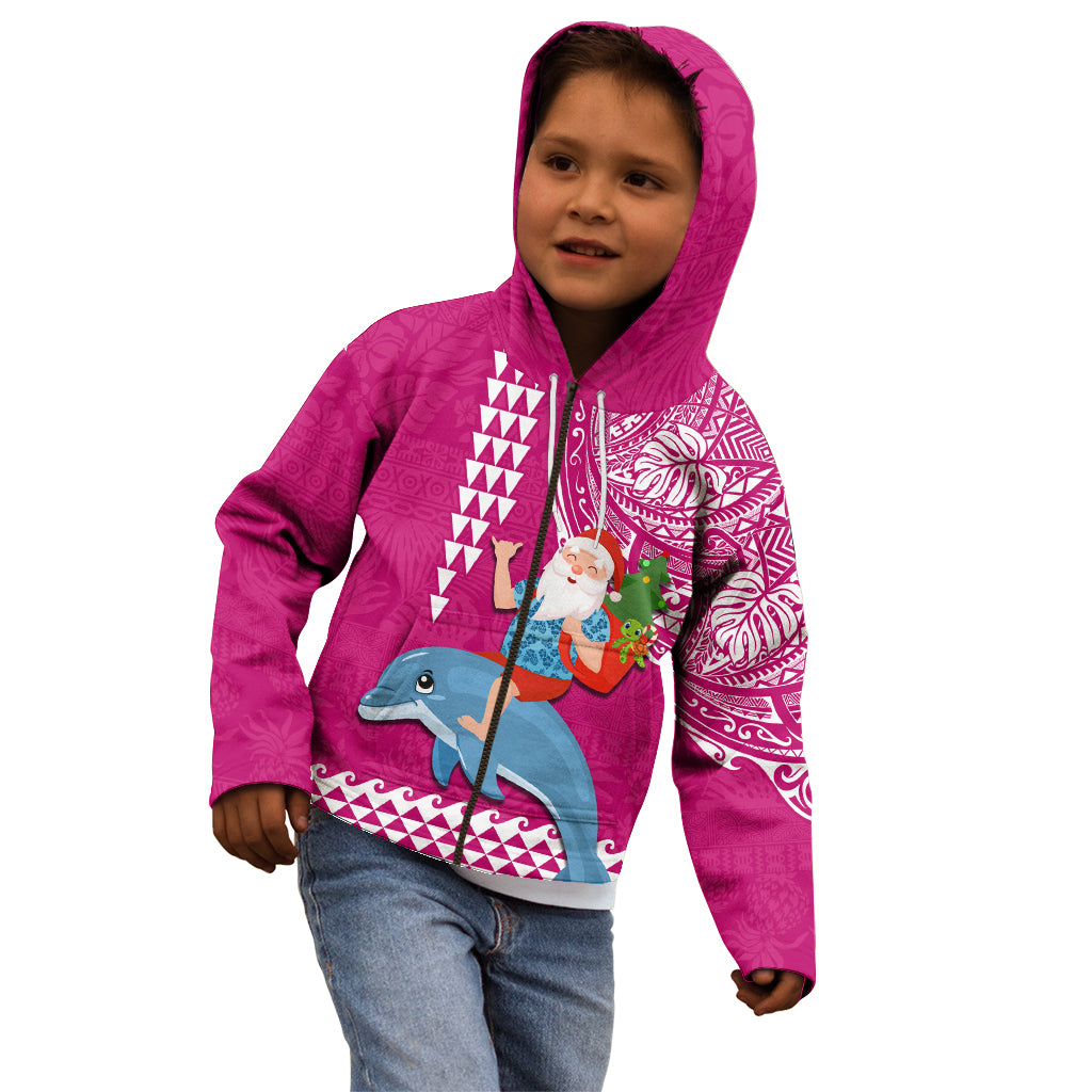 Hawaii Mele Kalikimaka Kid Hoodie Santa Riding The DolPhin Mix Kakau Pattern Pink Style LT03 - Polynesian Pride