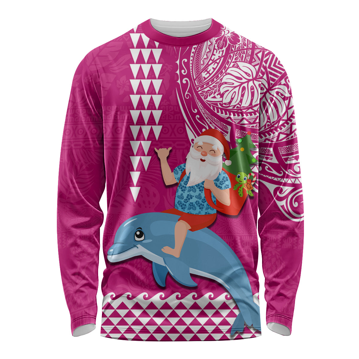 Hawaii Mele Kalikimaka Long Sleeve Shirt Santa Riding The DolPhin Mix Kakau Pattern Pink Style LT03 Unisex Pink - Polynesian Pride