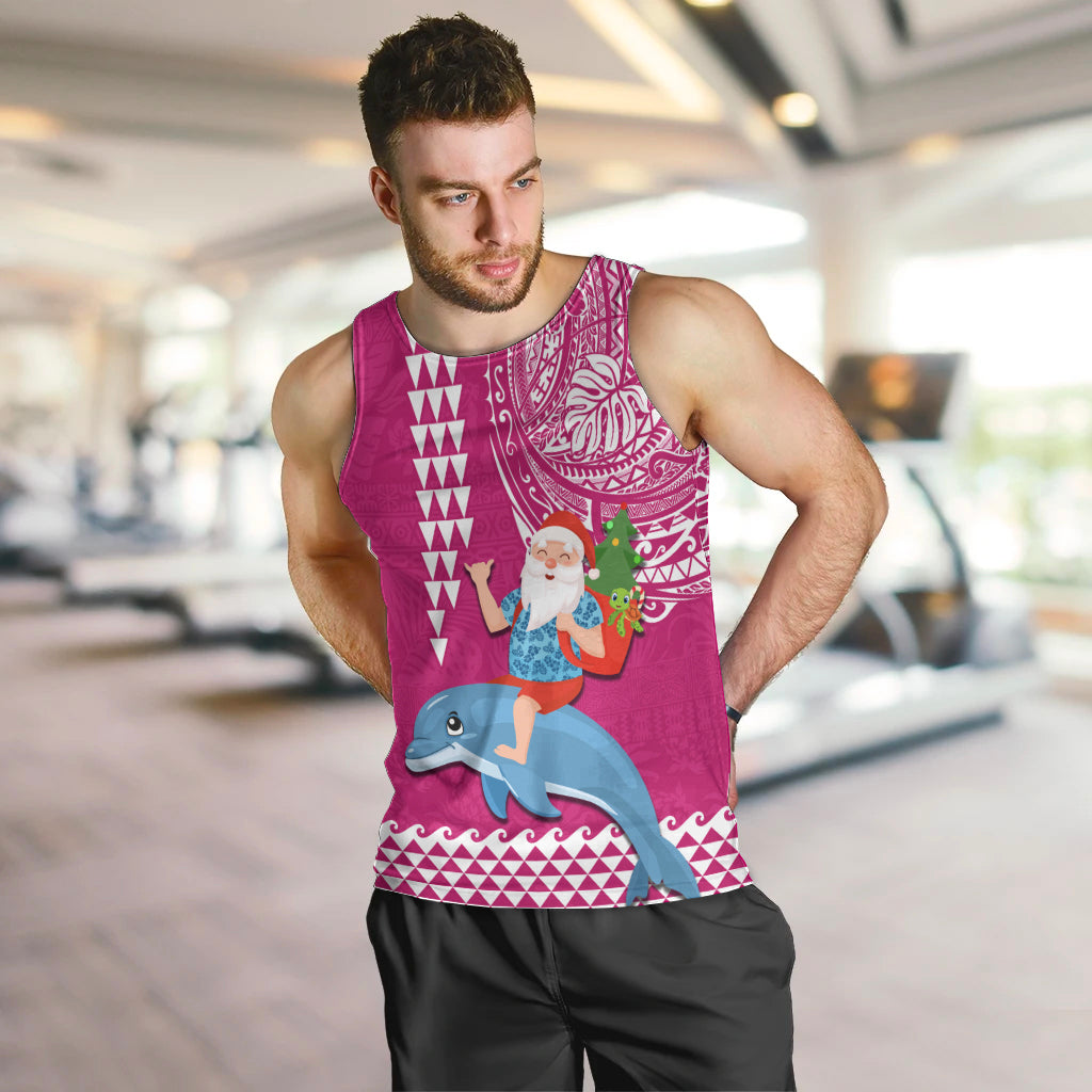 Hawaii Mele Kalikimaka Men Tank Top Santa Riding The DolPhin Mix Kakau Pattern Pink Style LT03 Pink - Polynesian Pride