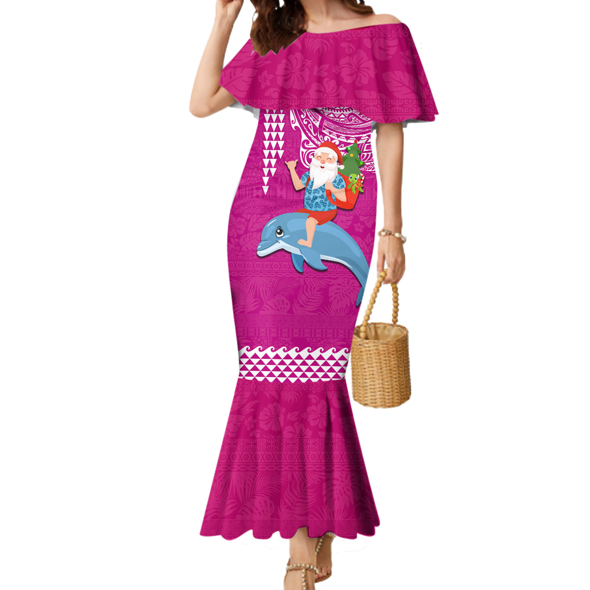 Hawaii Mele Kalikimaka Mermaid Dress Santa Riding The DolPhin Mix Kakau Pattern Pink Style LT03 Women Pink - Polynesian Pride