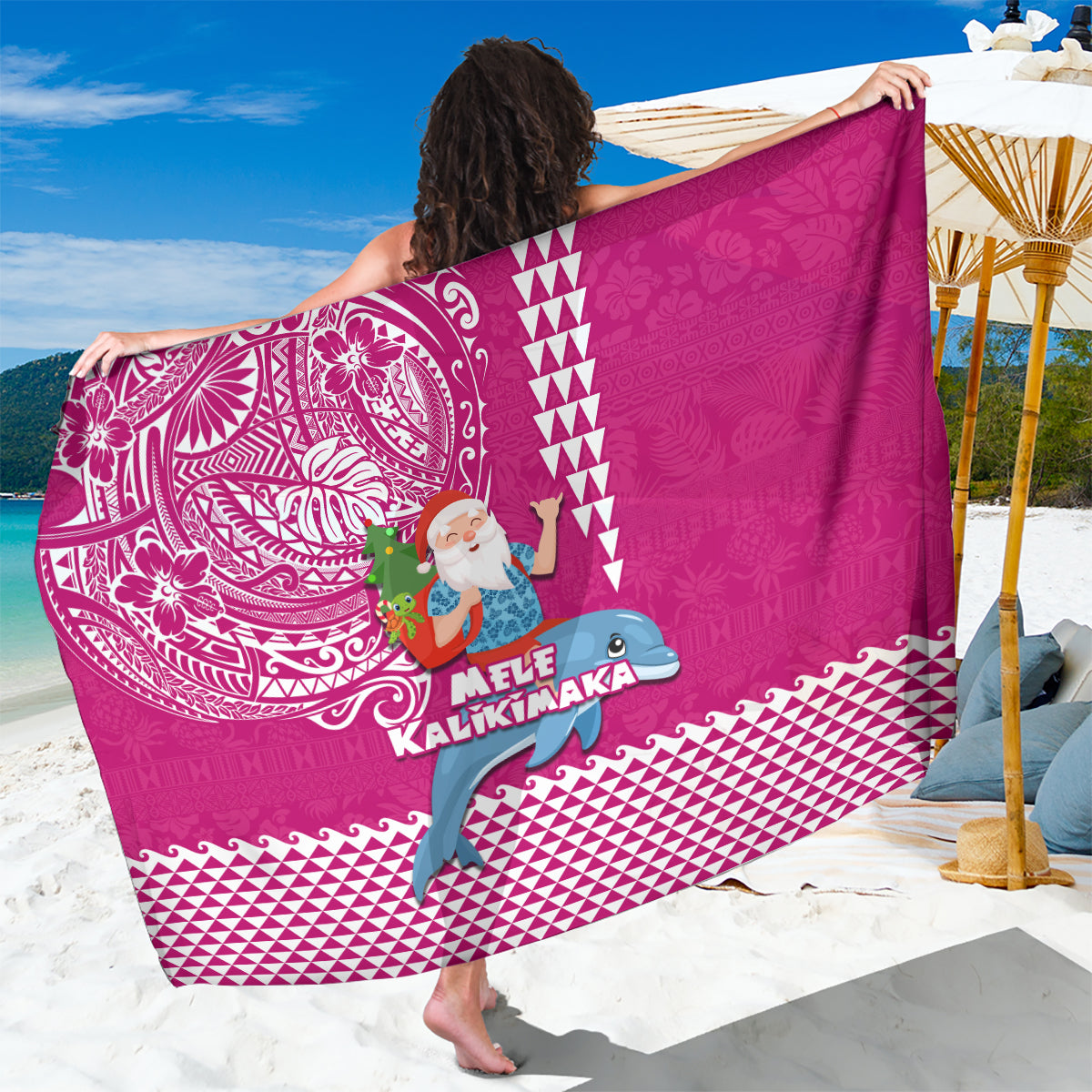 Hawaii Mele Kalikimaka Sarong Santa Riding The DolPhin Mix Kakau Pattern Pink Style LT03 One Size 44 x 66 inches Pink - Polynesian Pride