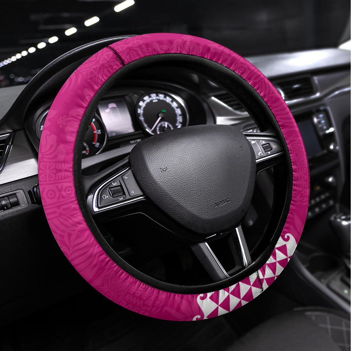 Hawaii Mele Kalikimaka Steering Wheel Cover Santa Riding The DolPhin Mix Kakau Pattern Pink Style