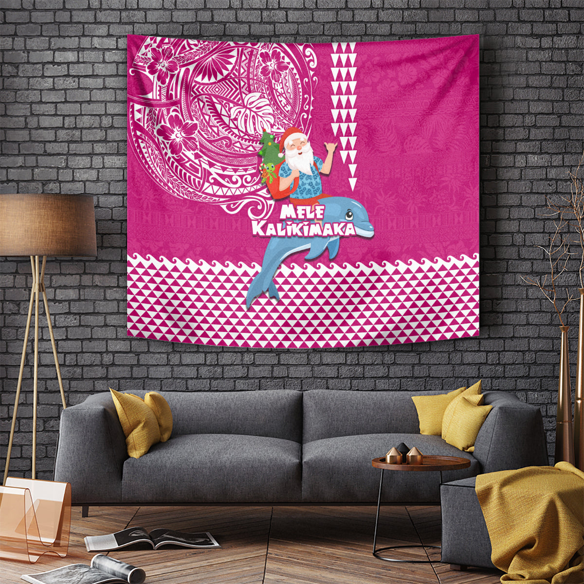 Hawaii Mele Kalikimaka Tapestry Santa Riding The DolPhin Mix Kakau Pattern Pink Style LT03 Pink - Polynesian Pride