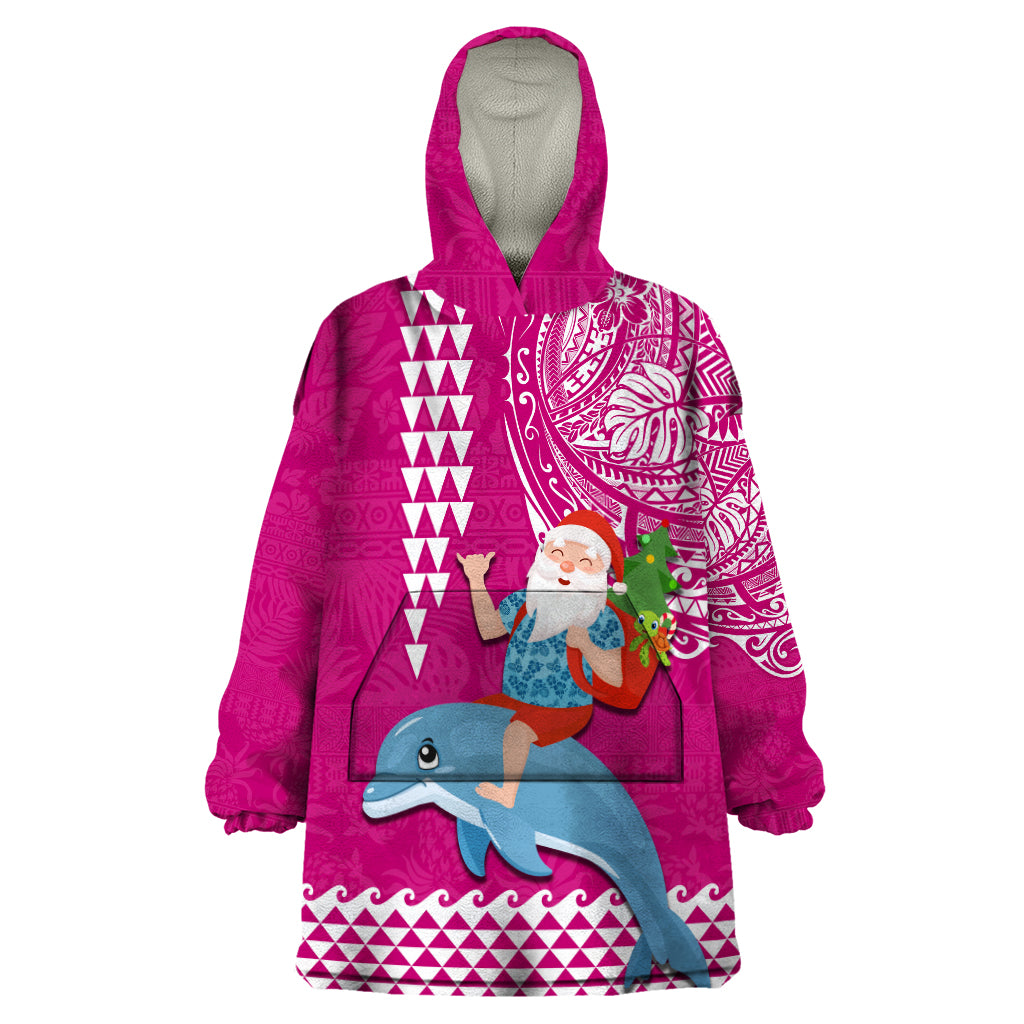 Hawaii Mele Kalikimaka Wearable Blanket Hoodie Santa Riding The DolPhin Mix Kakau Pattern Pink Style LT03 One Size Pink - Polynesian Pride