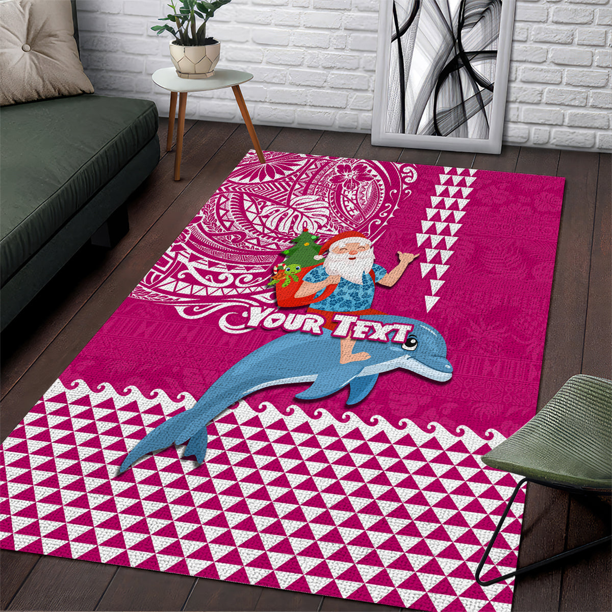 Custom Hawaii Mele Kalikimaka Area Rug Santa Riding The DolPhin Mix Kakau Pattern Pink Style LT03 Pink - Polynesian Pride