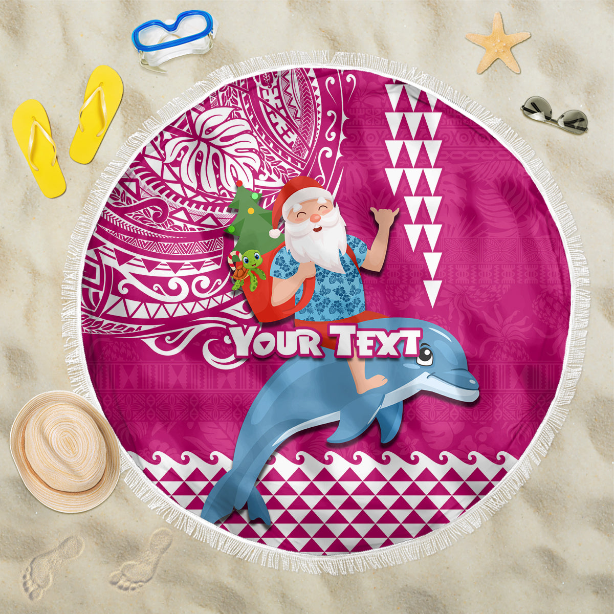 Custom Hawaii Mele Kalikimaka Beach Blanket Santa Riding The DolPhin Mix Kakau Pattern Pink Style LT03 One Size 150cm Pink - Polynesian Pride