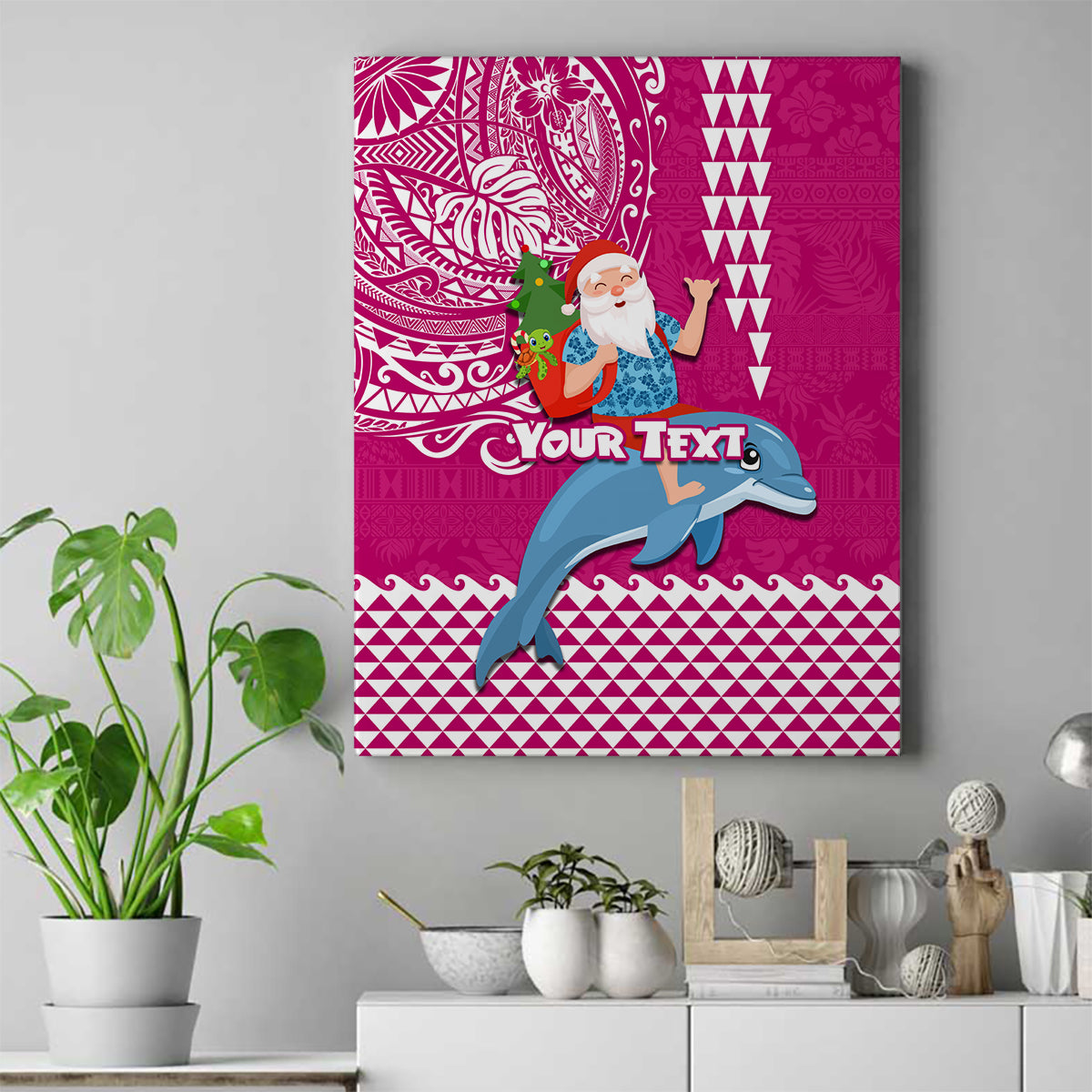 Custom Hawaii Mele Kalikimaka Canvas Wall Art Santa Riding The DolPhin Mix Kakau Pattern Pink Style LT03 Pink - Polynesian Pride