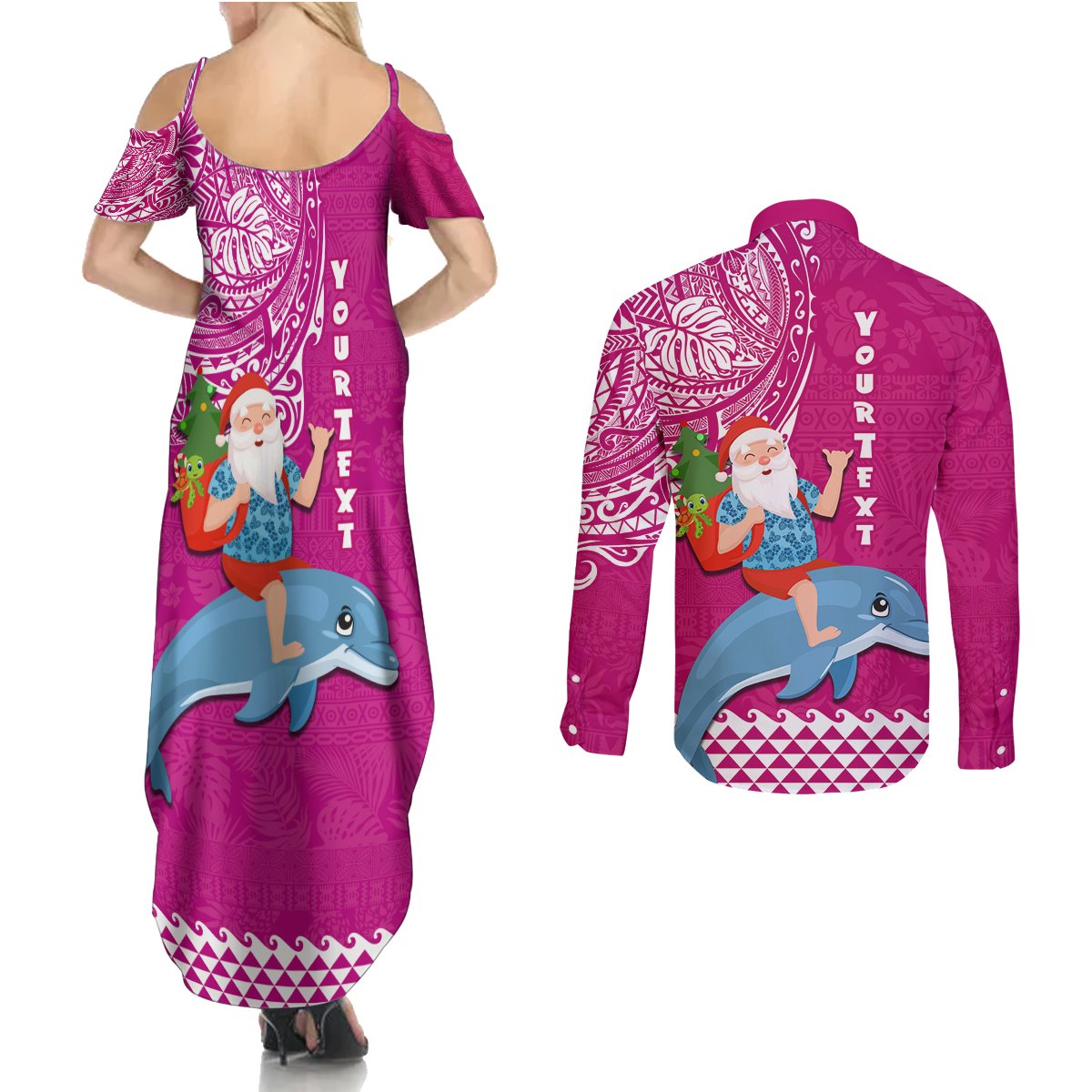 Custom Hawaii Mele Kalikimaka Couples Matching Summer Maxi Dress and Long Sleeve Button Shirt Santa Riding The DolPhin Mix Kakau Pattern Pink Style LT03 - Polynesian Pride