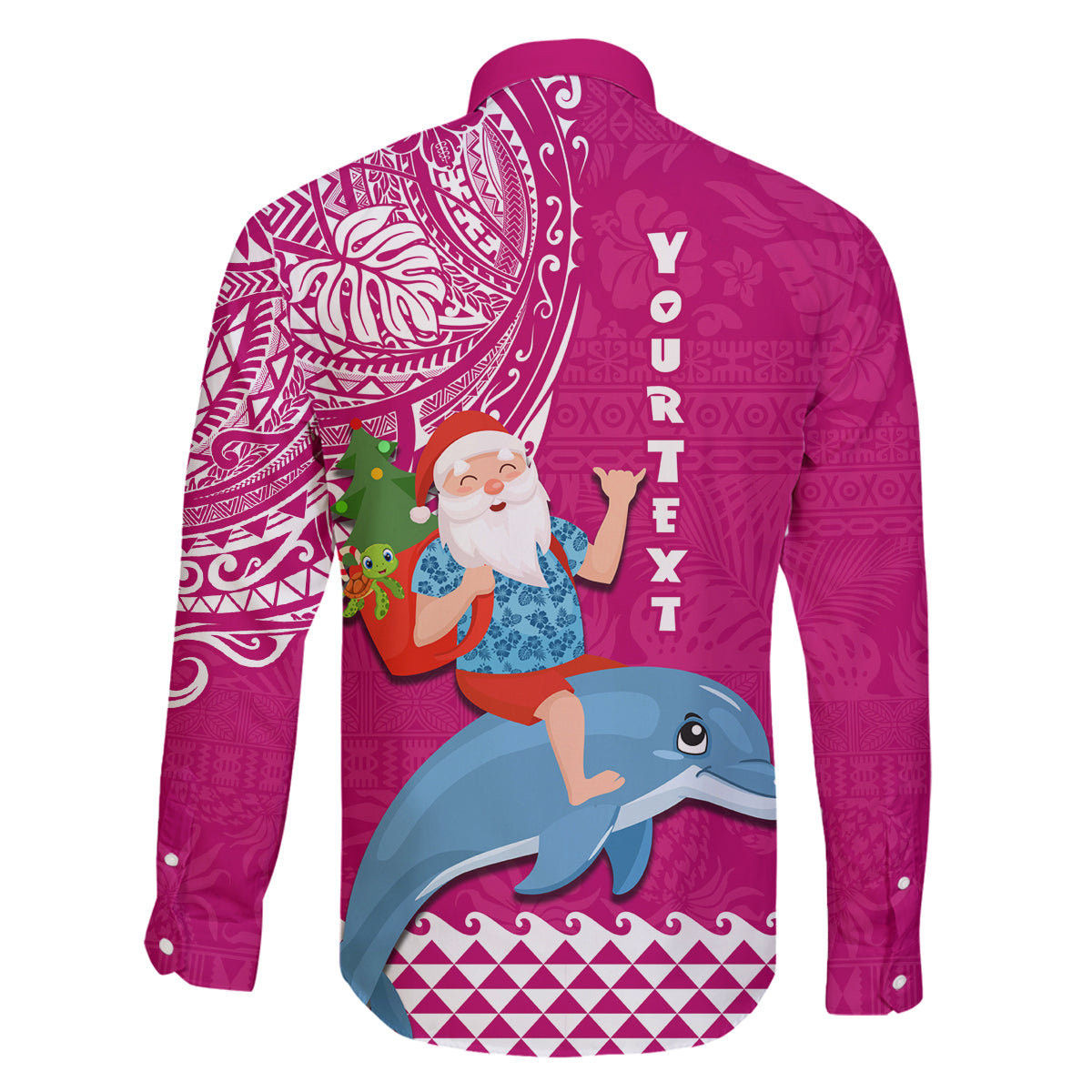 Custom Hawaii Mele Kalikimaka Family Matching Long Sleeve Bodycon Dress and Hawaiian Shirt Santa Riding The DolPhin Mix Kakau Pattern Pink Style LT03 - Polynesian Pride