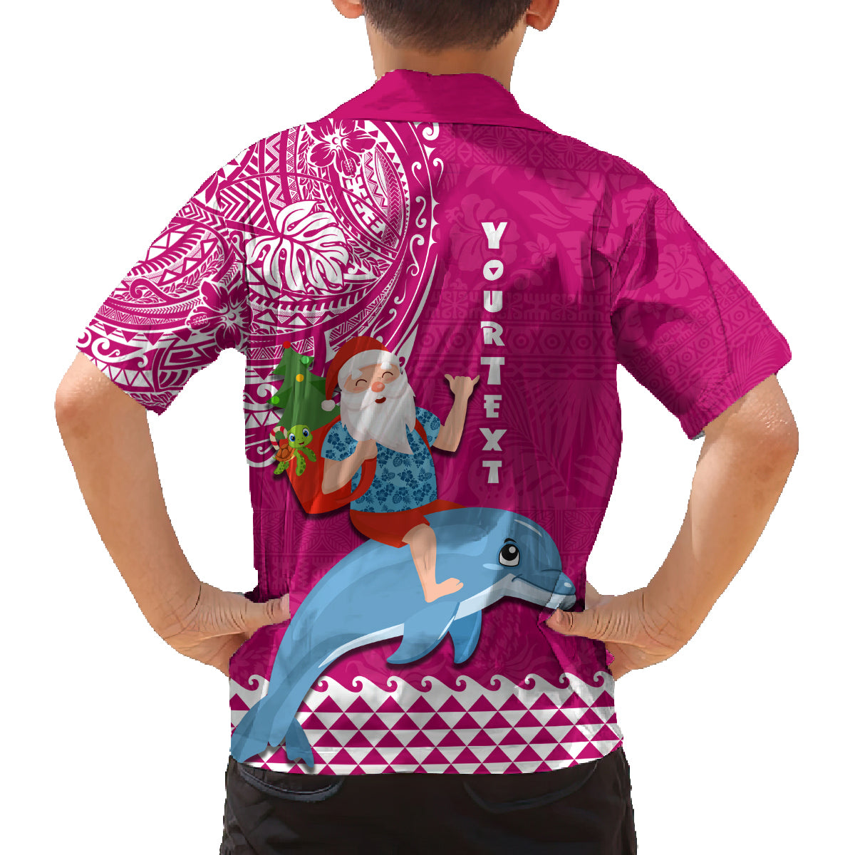 Custom Hawaii Mele Kalikimaka Family Matching Off Shoulder Maxi Dress and Hawaiian Shirt Santa Riding The DolPhin Mix Kakau Pattern Pink Style LT03 - Polynesian Pride