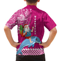 Custom Hawaii Mele Kalikimaka Family Matching Puletasi Dress and Hawaiian Shirt Santa Riding The DolPhin Mix Kakau Pattern Pink Style LT03 - Polynesian Pride