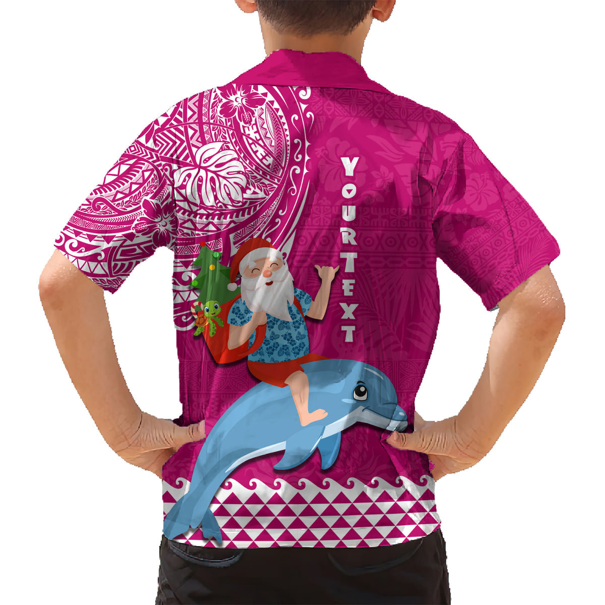 Custom Hawaii Mele Kalikimaka Family Matching Short Sleeve Bodycon Dress and Hawaiian Shirt Santa Riding The DolPhin Mix Kakau Pattern Pink Style LT03 - Polynesian Pride