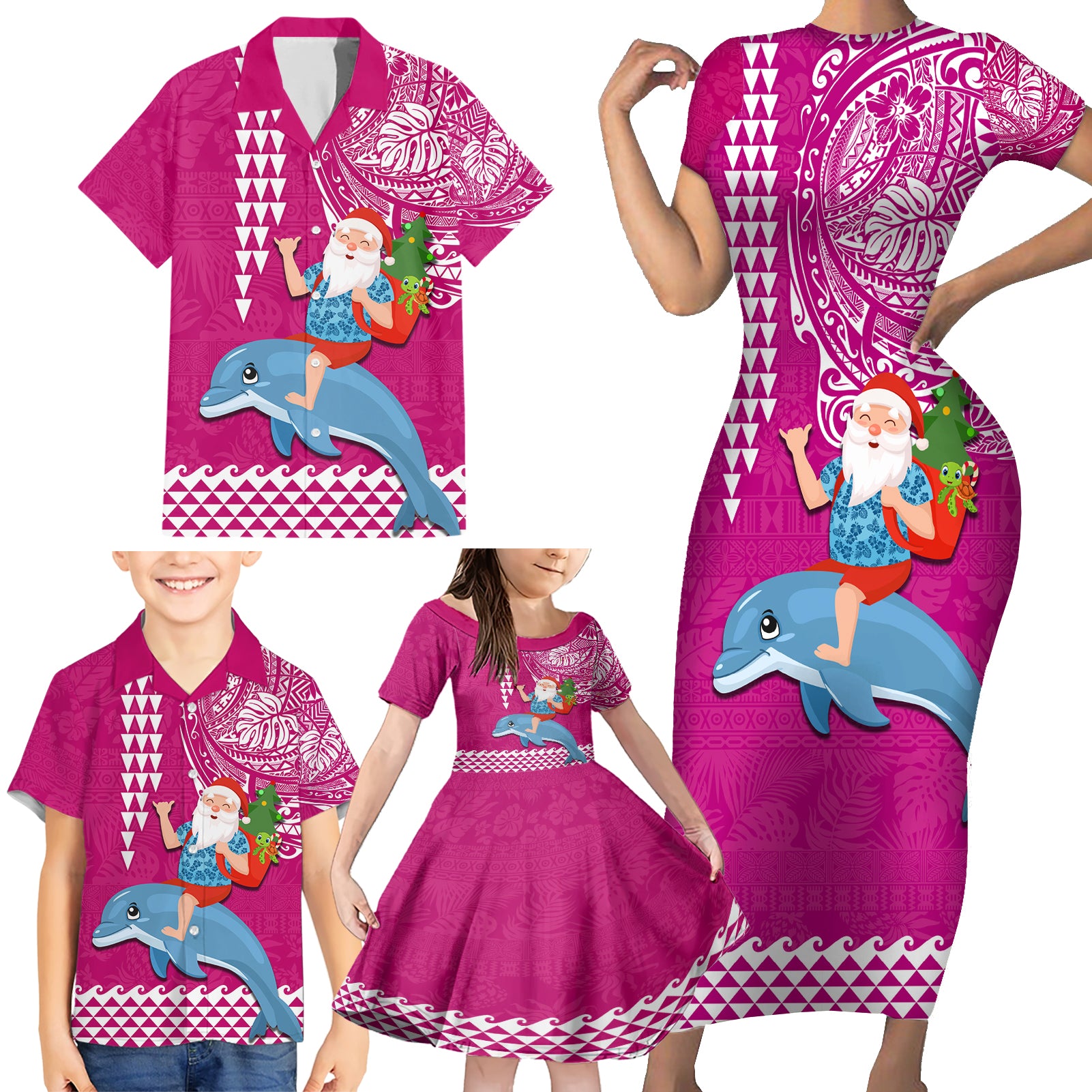 Custom Hawaii Mele Kalikimaka Family Matching Short Sleeve Bodycon Dress and Hawaiian Shirt Santa Riding The DolPhin Mix Kakau Pattern Pink Style LT03 - Polynesian Pride