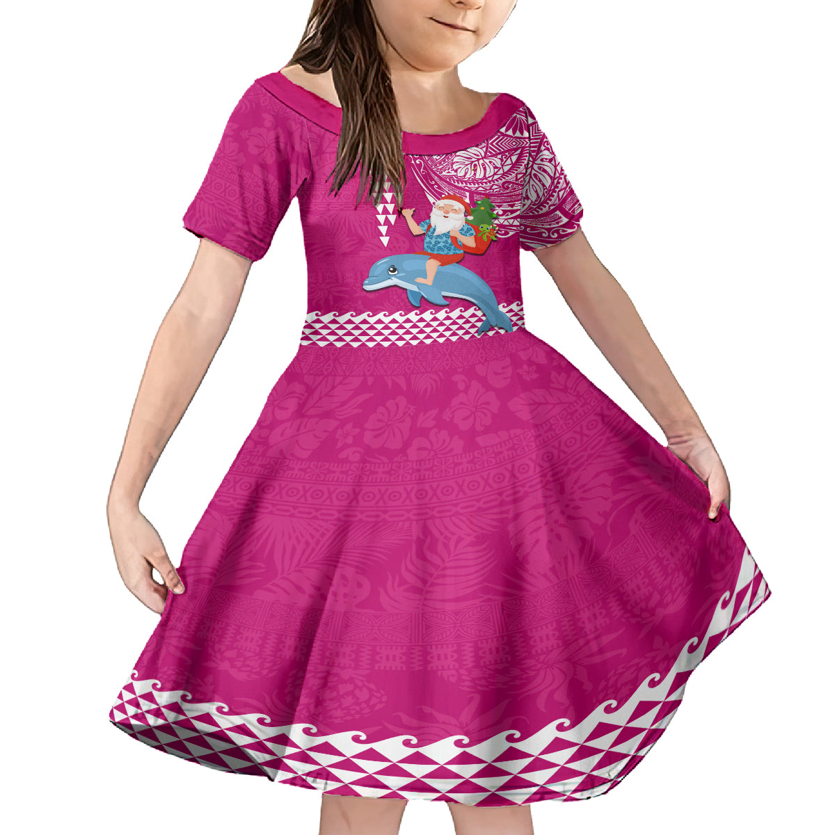 Custom Hawaii Mele Kalikimaka Family Matching Tank Maxi Dress and Hawaiian Shirt Santa Riding The DolPhin Mix Kakau Pattern Pink Style LT03 Daughter's Dress Pink - Polynesian Pride
