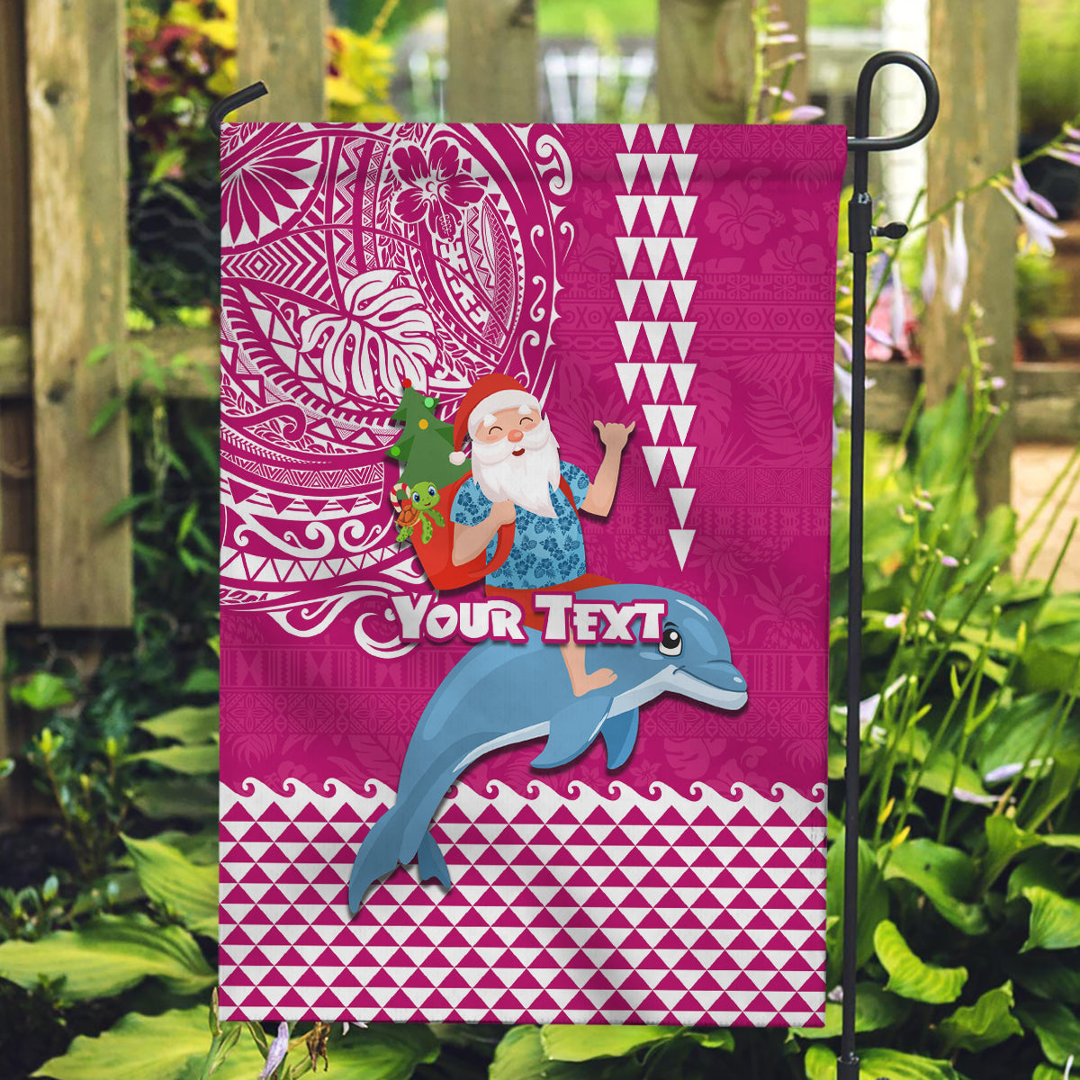 Custom Hawaii Mele Kalikimaka Garden Flag Santa Riding The DolPhin Mix Kakau Pattern Pink Style LT03 Garden Flag Pink - Polynesian Pride