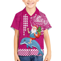 Custom Hawaii Mele Kalikimaka Hawaiian Shirt Santa Riding The DolPhin Mix Kakau Pattern Pink Style LT03 - Polynesian Pride