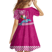 Custom Hawaii Mele Kalikimaka Kid Short Sleeve Dress Santa Riding The DolPhin Mix Kakau Pattern Pink Style LT03 - Polynesian Pride