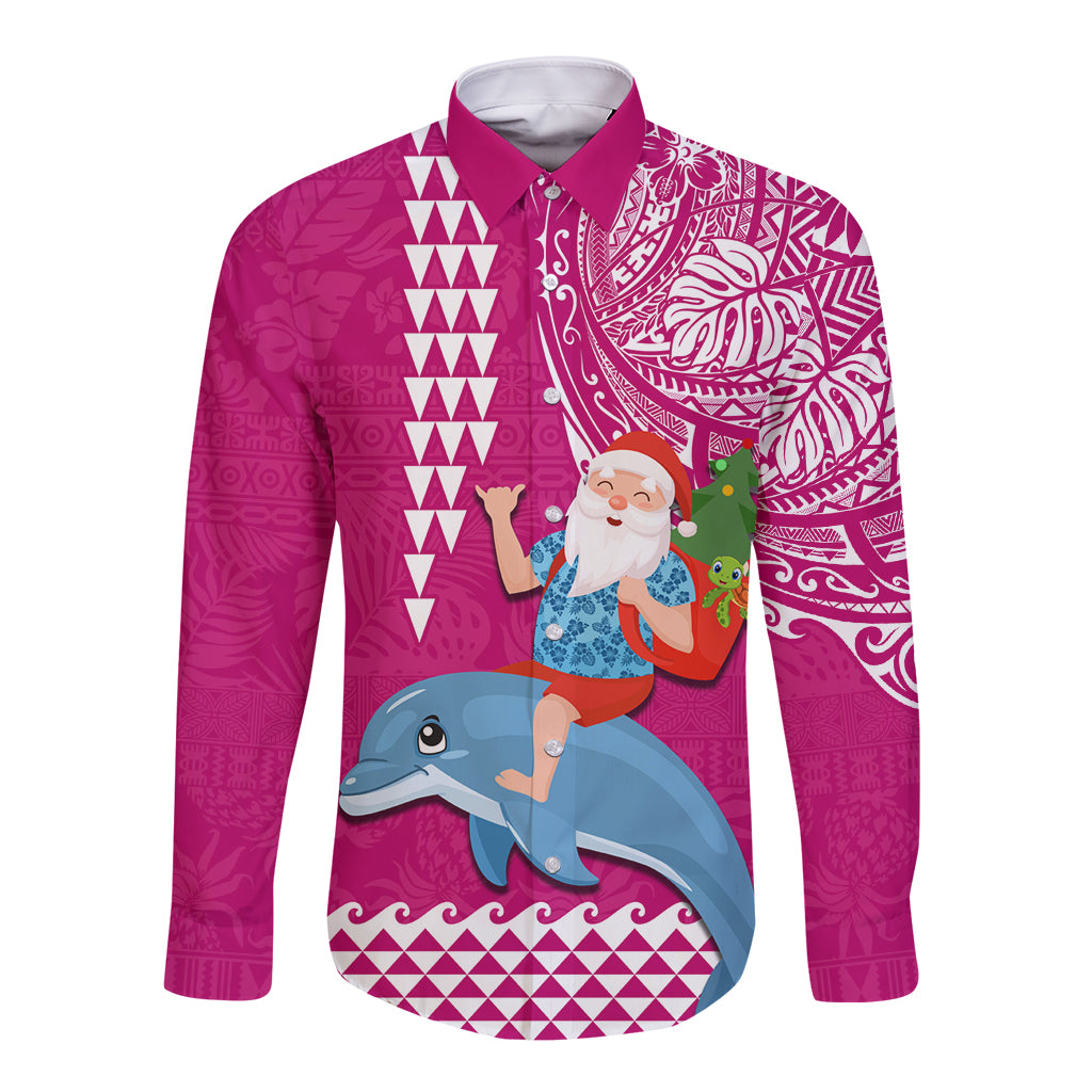 Custom Hawaii Mele Kalikimaka Long Sleeve Button Shirt Santa Riding The DolPhin Mix Kakau Pattern Pink Style LT03 Unisex Pink - Polynesian Pride