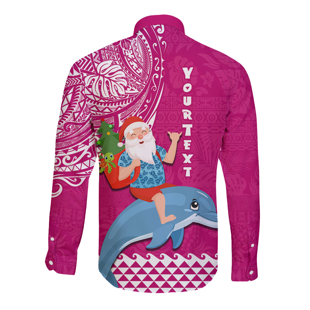 Custom Hawaii Mele Kalikimaka Long Sleeve Button Shirt Santa Riding The DolPhin Mix Kakau Pattern Pink Style LT03 - Polynesian Pride